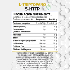 L-Triptófano + 5-HTP + Glicinato de magnesio + Oxido de zinc - 60 cápsulas de 500 mg