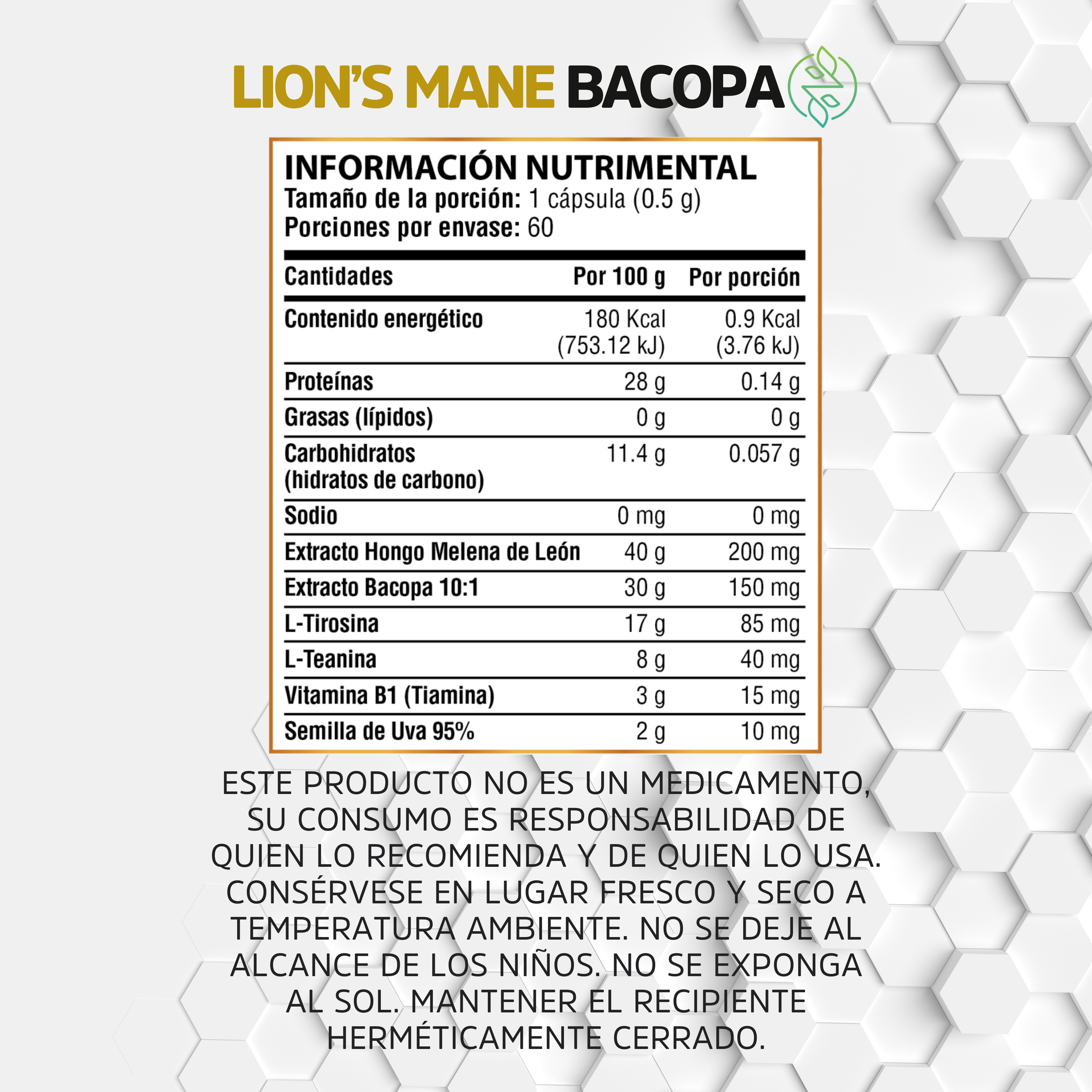 Lion's Mane + Bacopa + L Tirosina + Semilla De Uva - 60 cápsulas de 500 mg