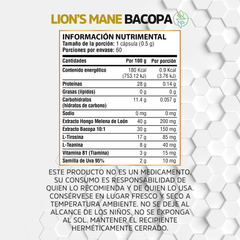 Lion's Mane + Bacopa + L Tirosina + Semilla De Uva - 60 cápsulas de 500 mg