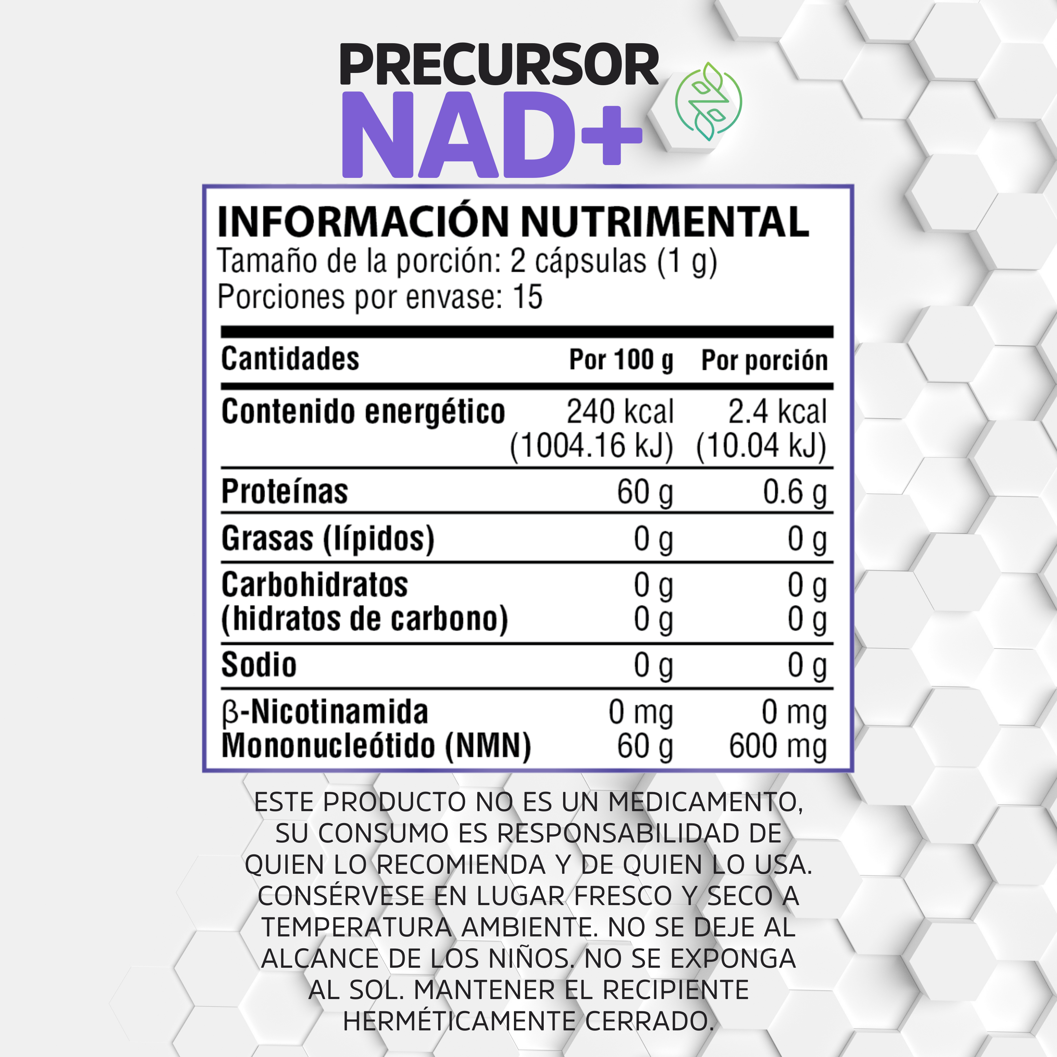 Precursor NAD+ Nicotinamida Mononucleótido (NMN) 30 Cápsulas